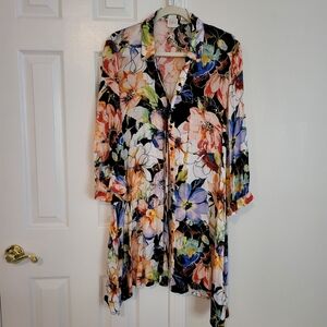 Cupio Women's Dress Size Large Multi Floral Button Front Tab Sleeve